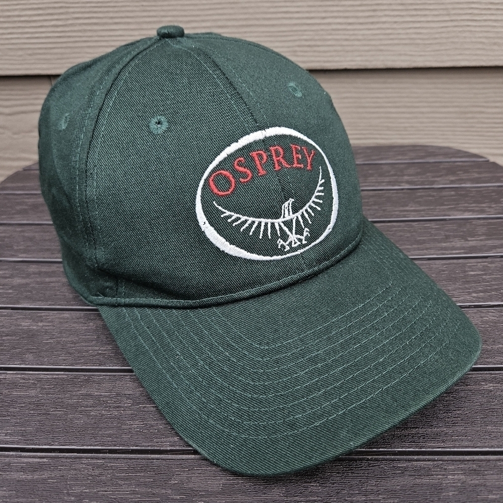 Osprey Forest Green Velcro Back Logo Hat Cap 100% Cotton Red White Embroidered